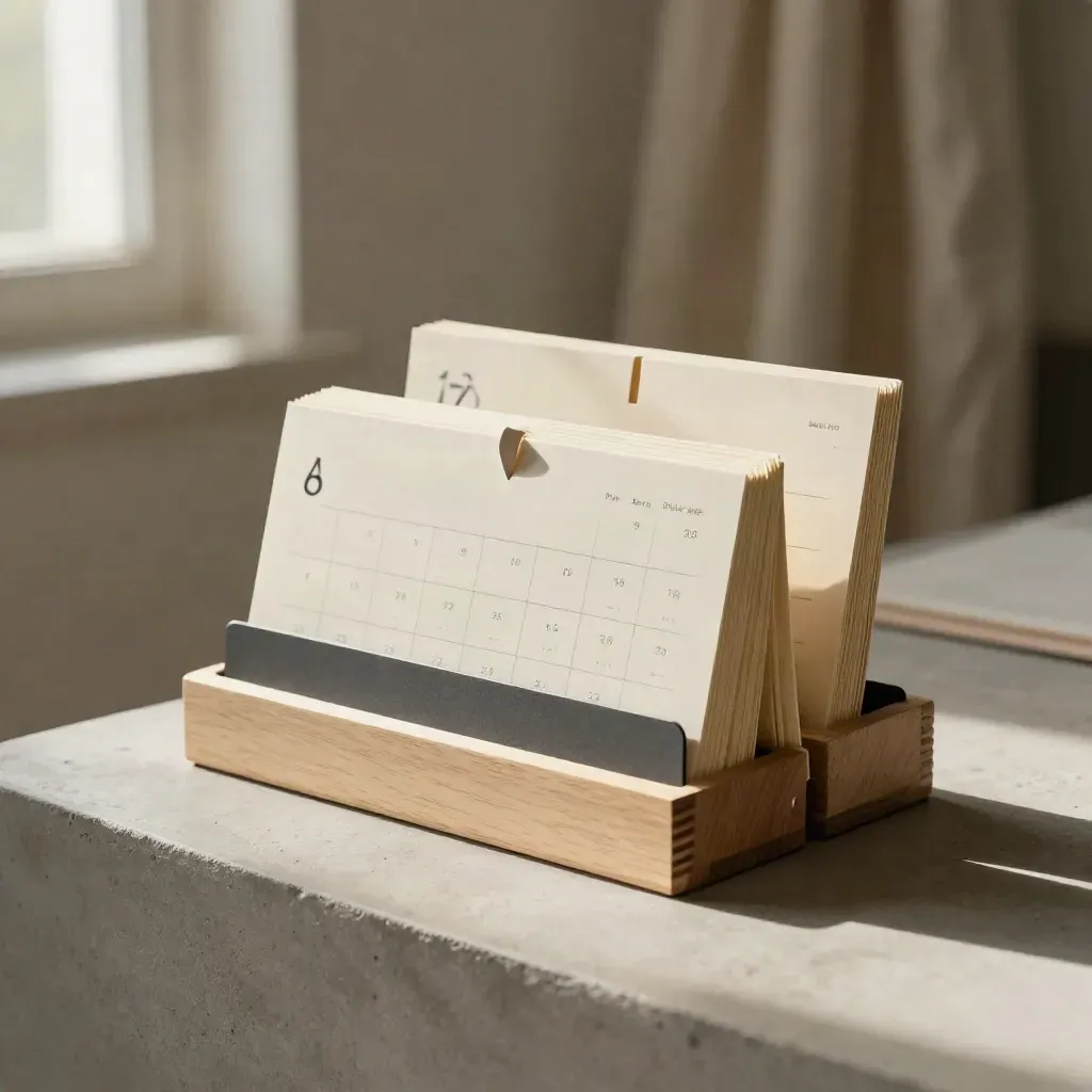 Calendario creativo su plinto in cemento, luce calda, polvere nell’aria