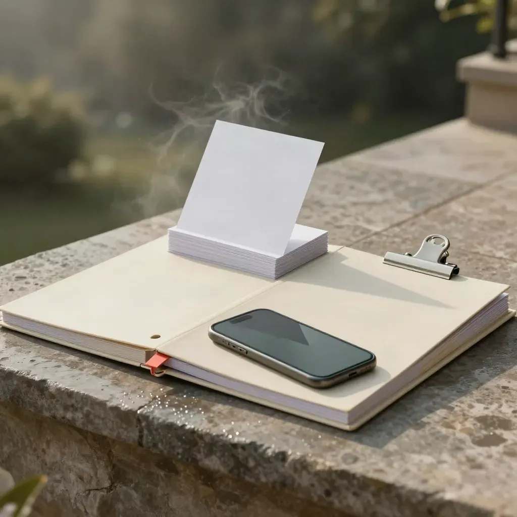 Kit campagna Social Sauce su terrazza bagnata, con luce calda e carte sollevate dal vento.