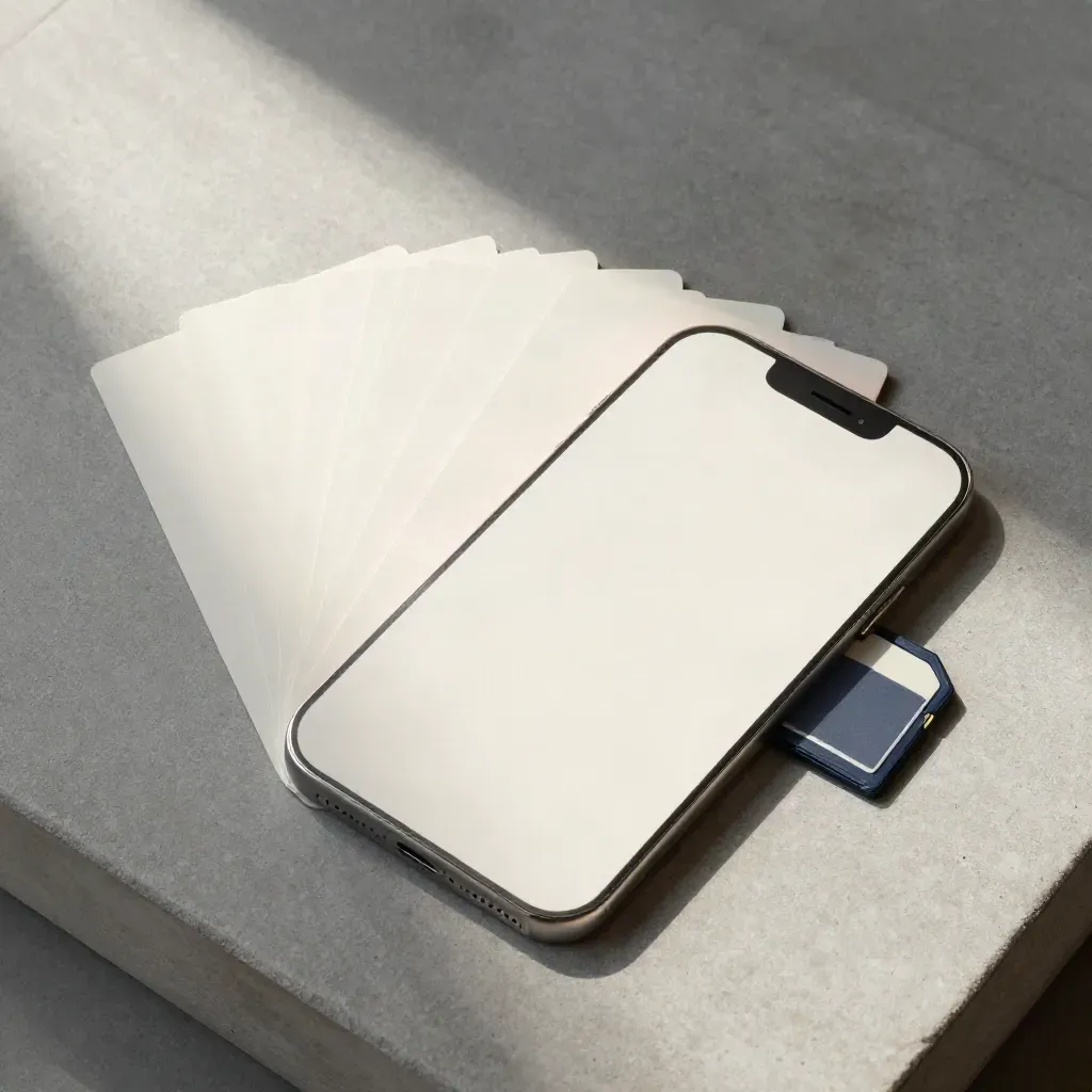 Flatlay dall’alto con schede reel, mockup telefono e case SD su pietra grigia.