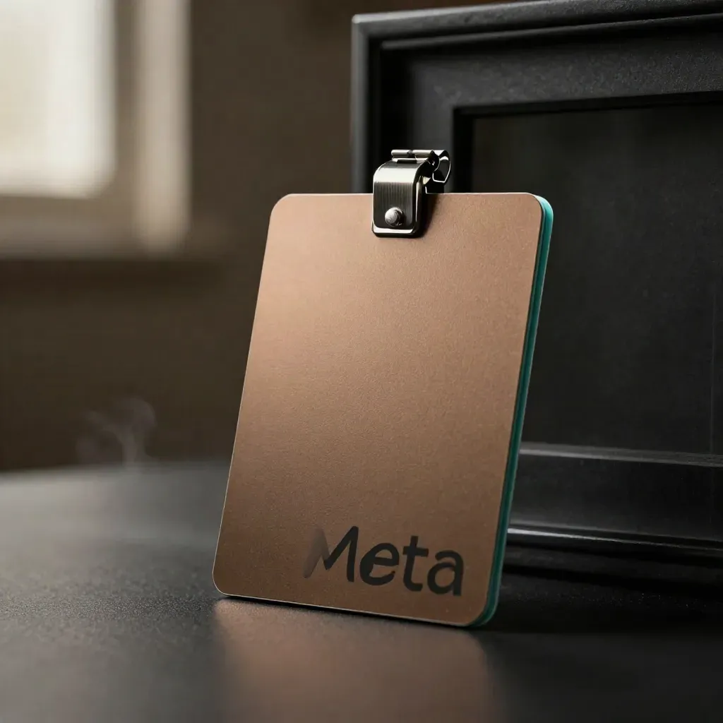 Deck di card pubblicitarie con supporto e mini clip light su superficie nera, luce drammatica.