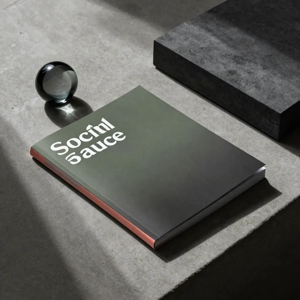 Flat lay dall’alto con report, blocco grafite e pesacarte su cemento scuro.