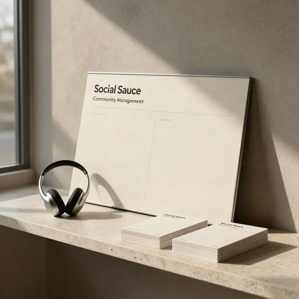 Kit per community management con lavagna, supporto cuffie e cards su travertino crema.