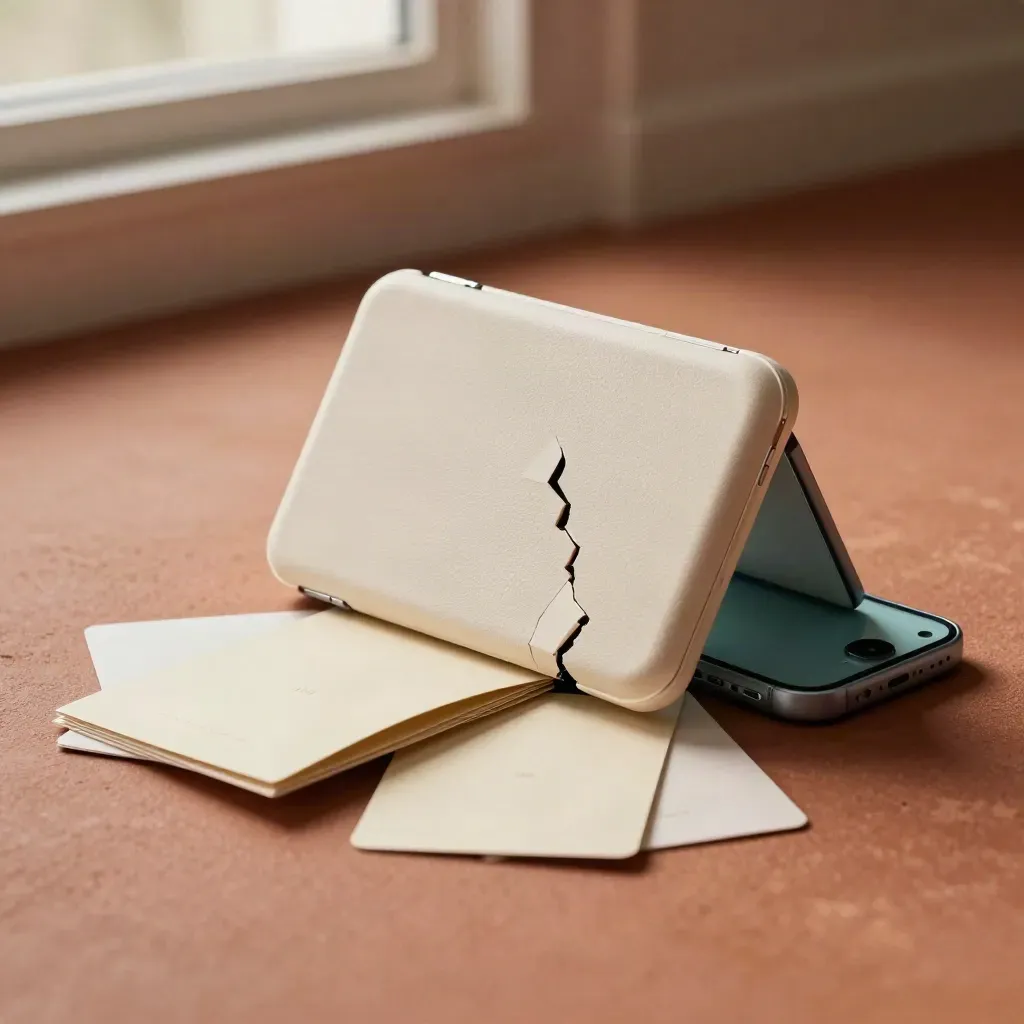 Kit lancio startup crema aperto con schede e supporto telefono su pavimento terracotta