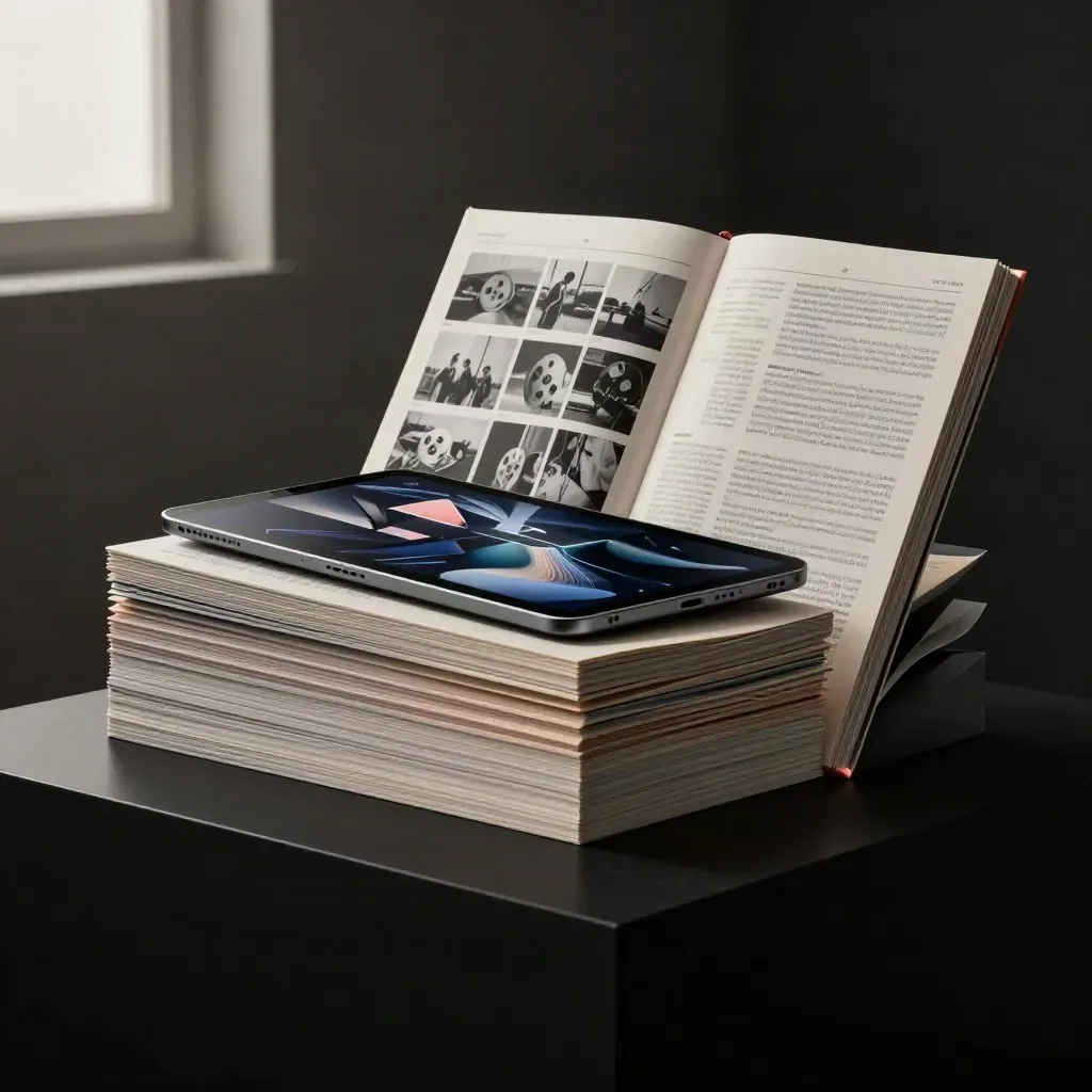 Bundle strategico social con tablet, storyboard e report su base nera, luce drammatica.