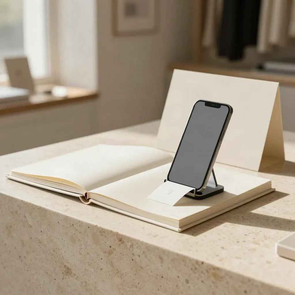 Kit iniziale per negozi su base in travertino con raccoglitore crema e supporto telefono.