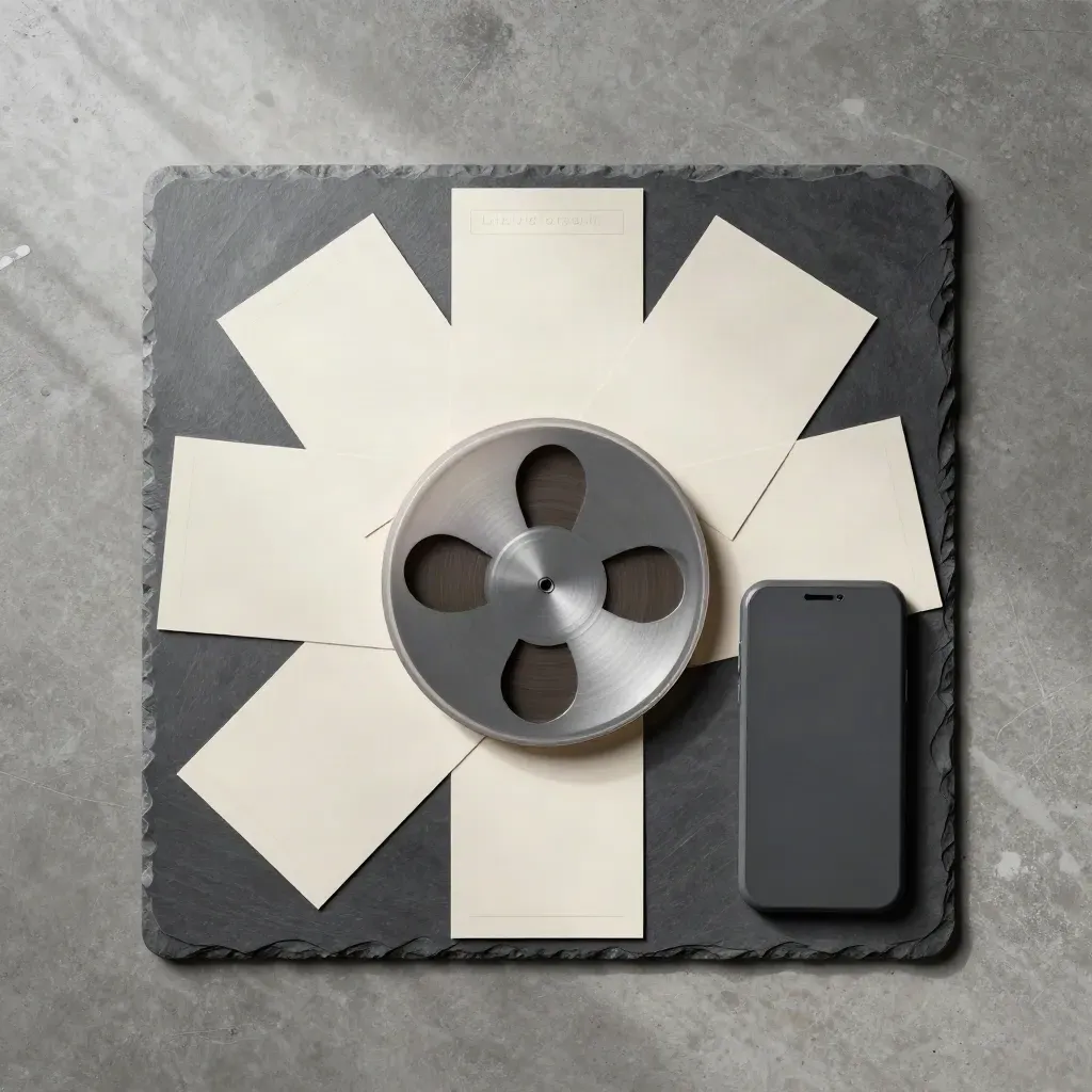 Flat lay dall’alto di un kit reel food con card in ardesia, vassoio e cornice smartphone.
