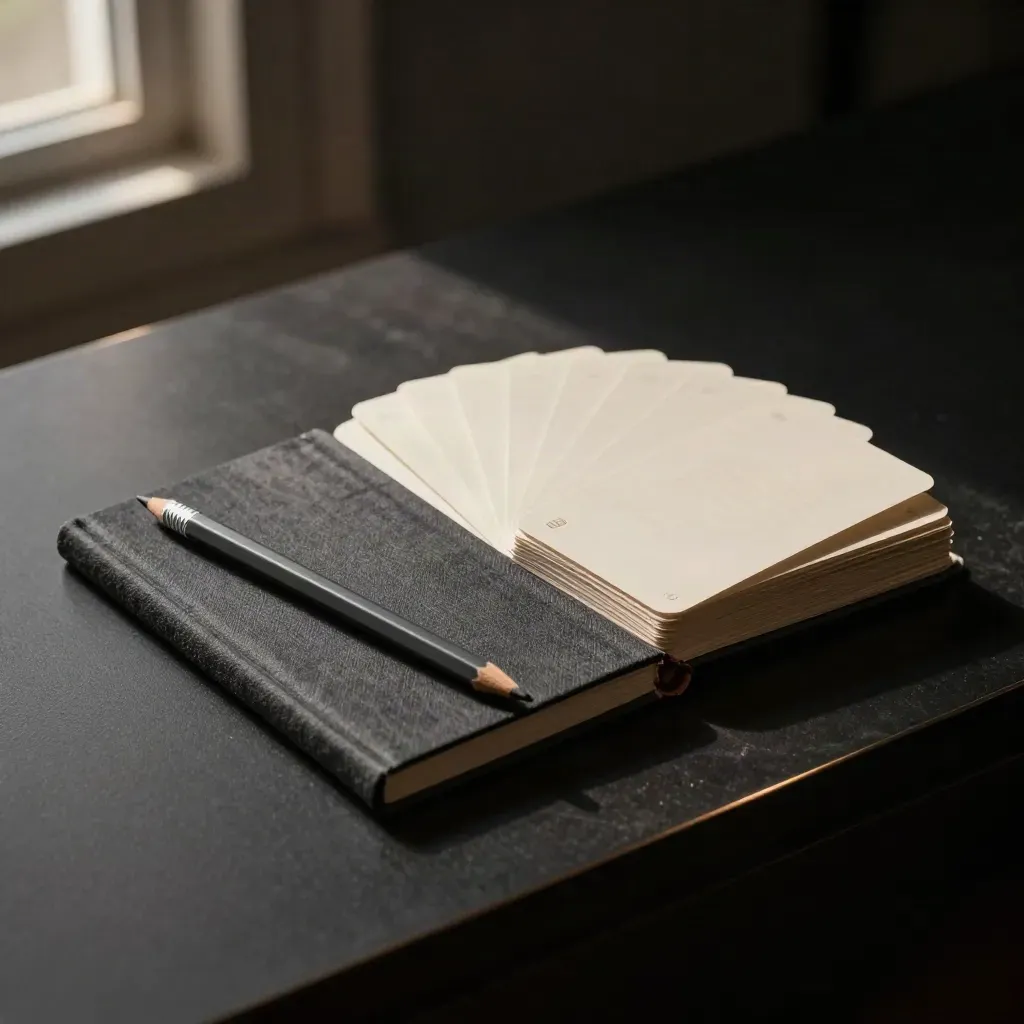 Kit guida tono di voce con libro, divisori e matita su base nera, luce drammatica.