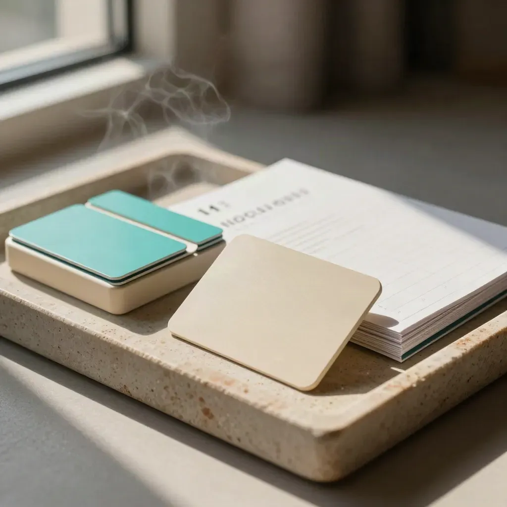 Kit social per hotel su vassoio di pietra, blocco crema e carte turchesi in luce morbida.