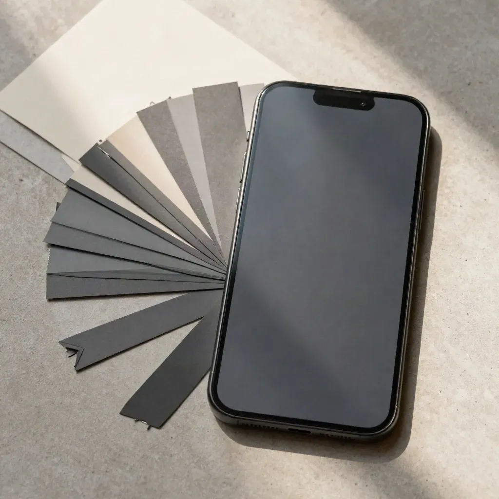 Flatlay dall’alto con smartphone nero, otto strip storyboard e segnalino direzionale su cemento chiaro.