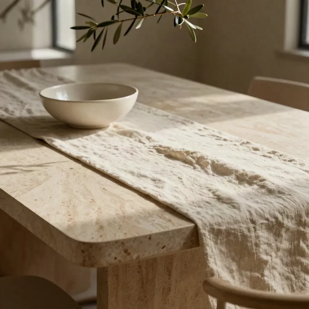 Tavolo in travertino con runner in lino e ramo d’ulivo sfocato, luce calda e spazio per testo