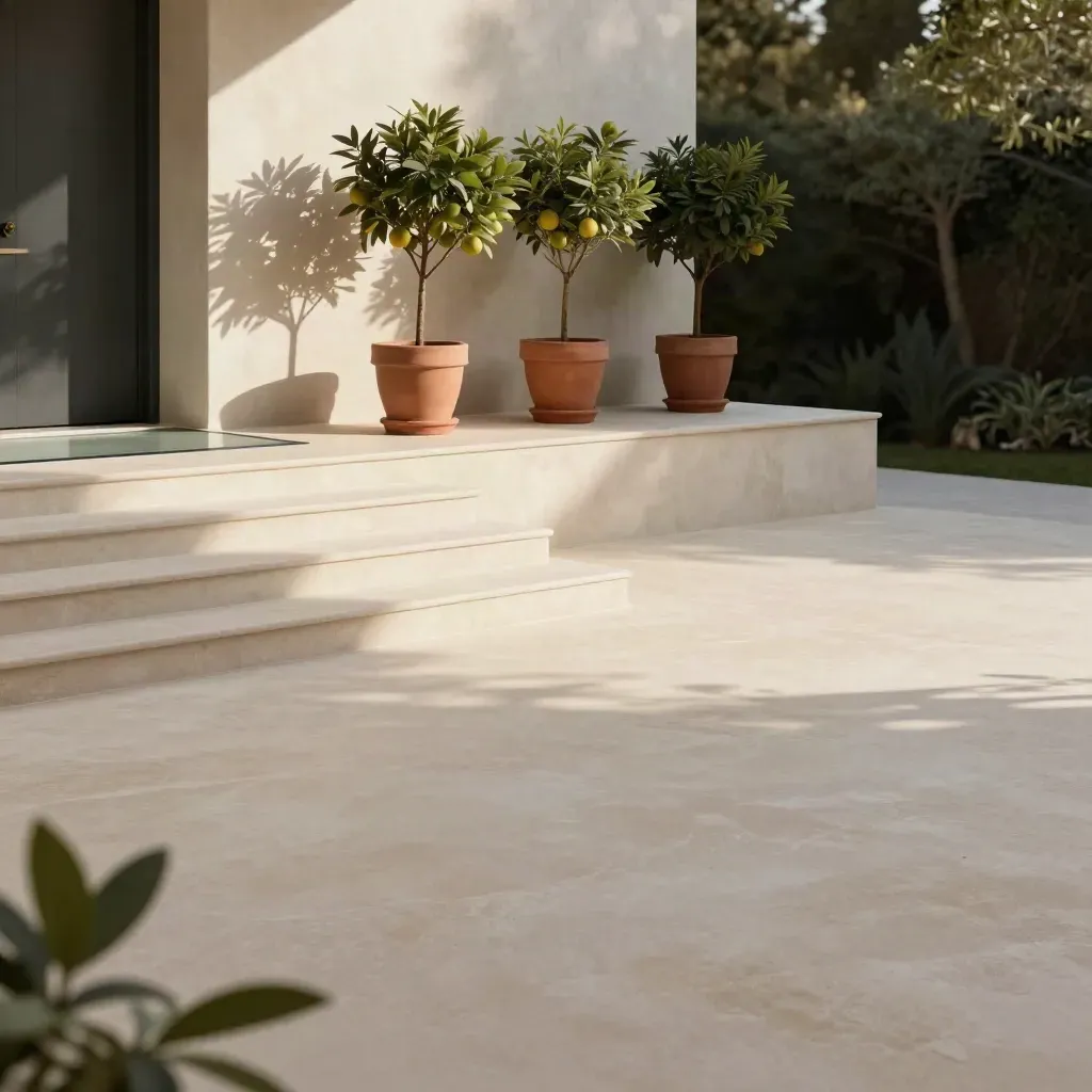 Cortile moderno in stucco con ombre di scale, agrumi in vaso e soglia vetrata al sole.